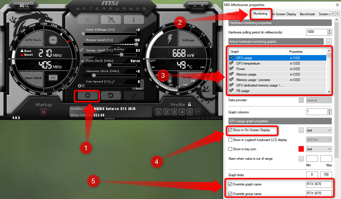 MSI Afterburner main window and the Monitoring menu.