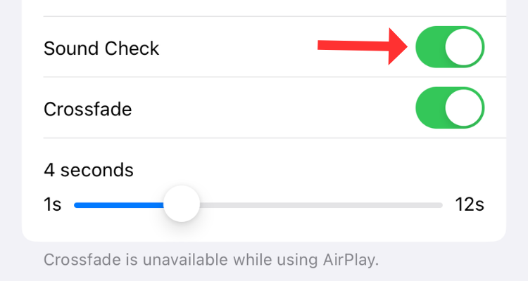 Screenshot of the Sound Check option in the Apple Music settings menu.