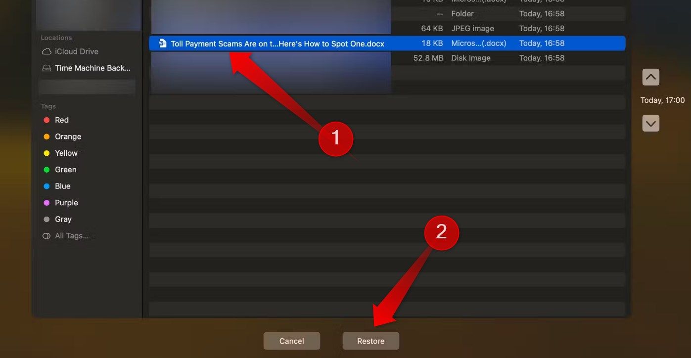 Restoring a deleted Microsoft Word file from the Time Machine backup.