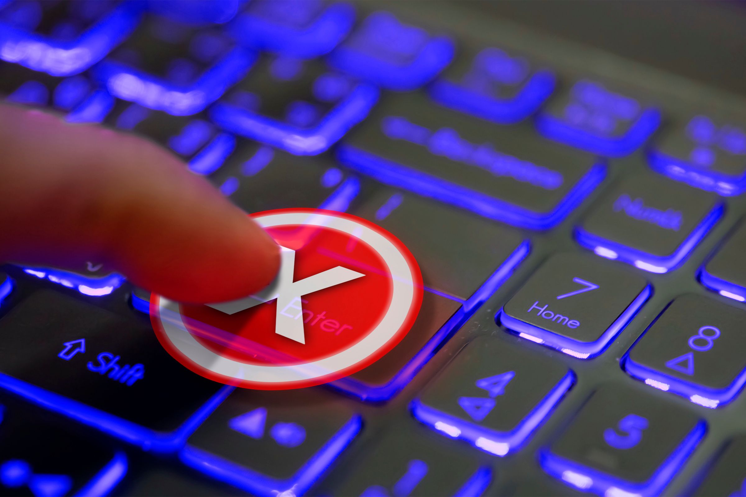 A finger pressing a key on a keyboard with an 'x', indicating that the key should not be pressed.