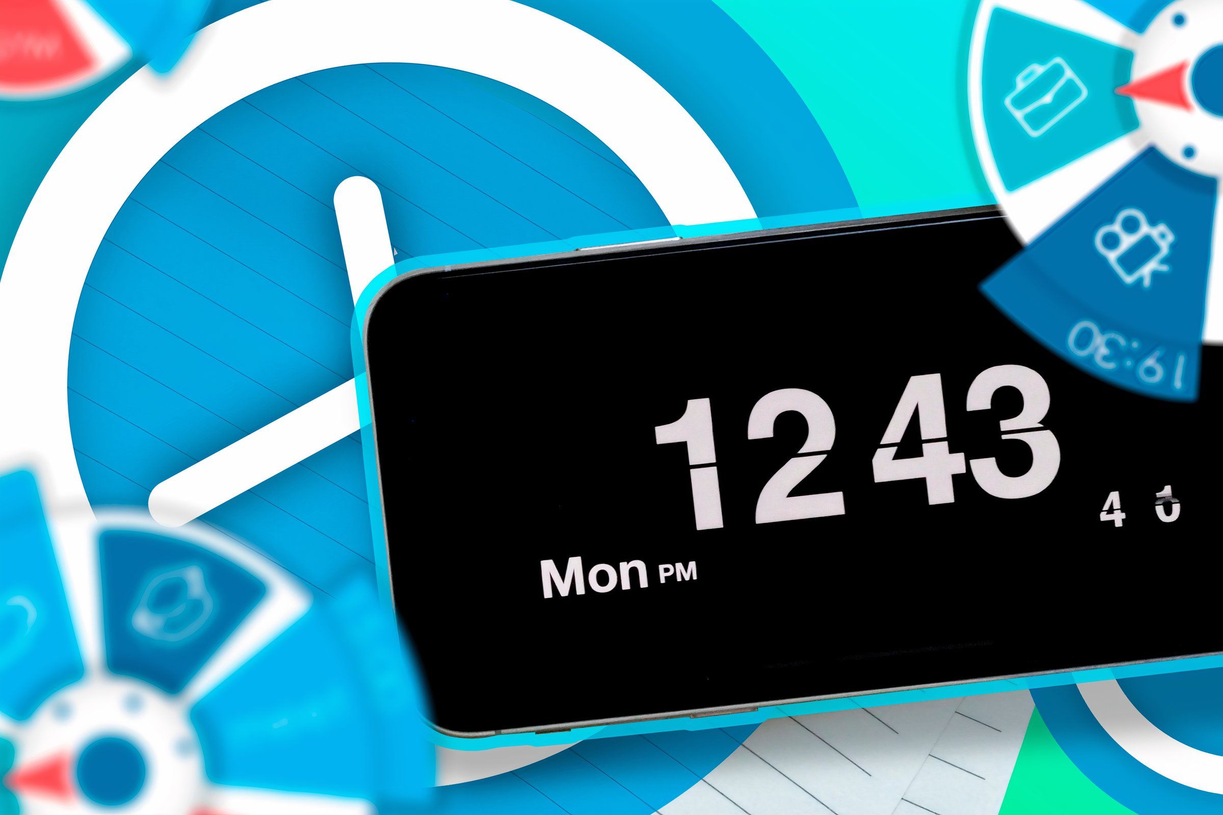 A phone displaying the time with a clock icon in the background.