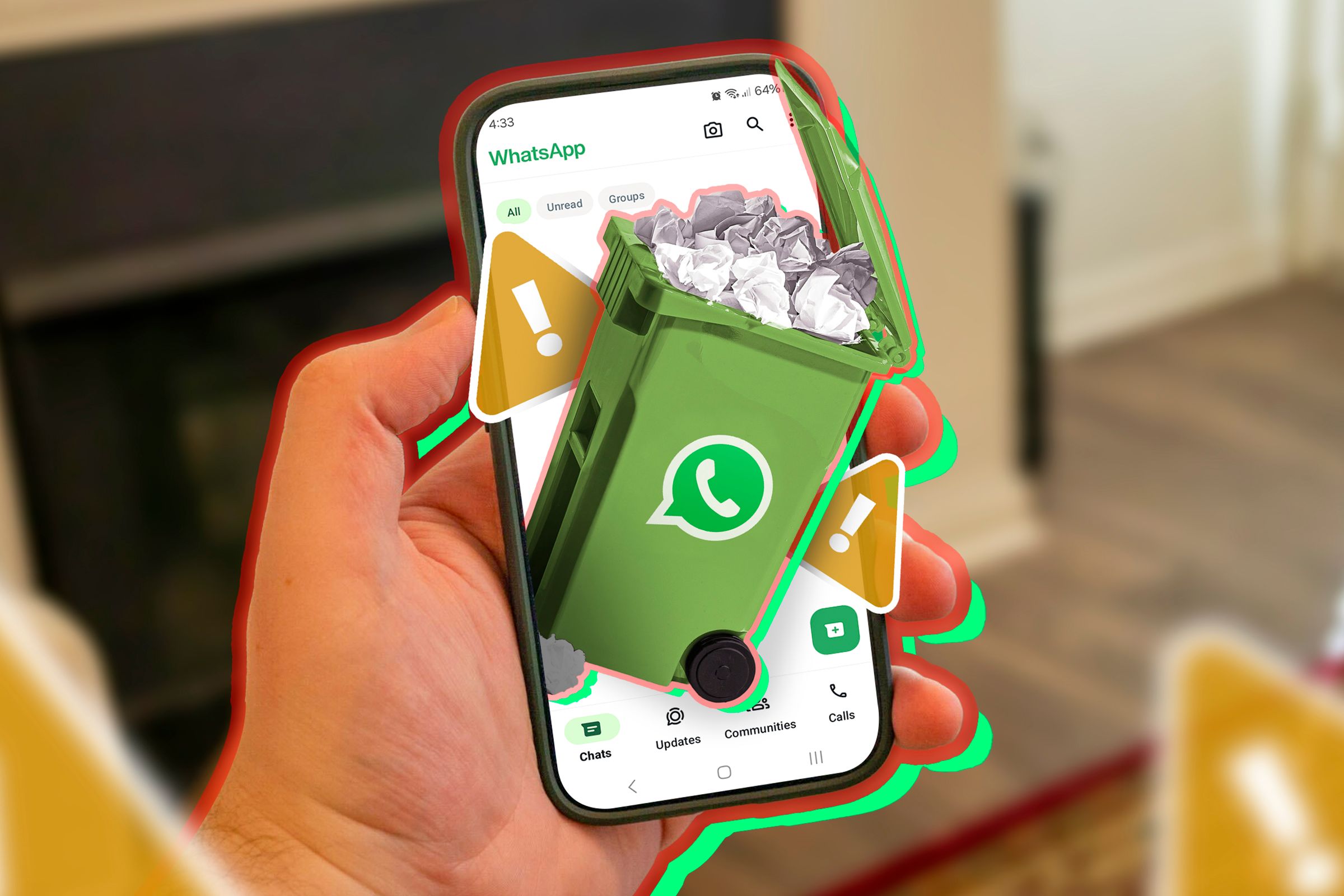 A phone on the WhatsApp app with a full trash can and some warning signs.