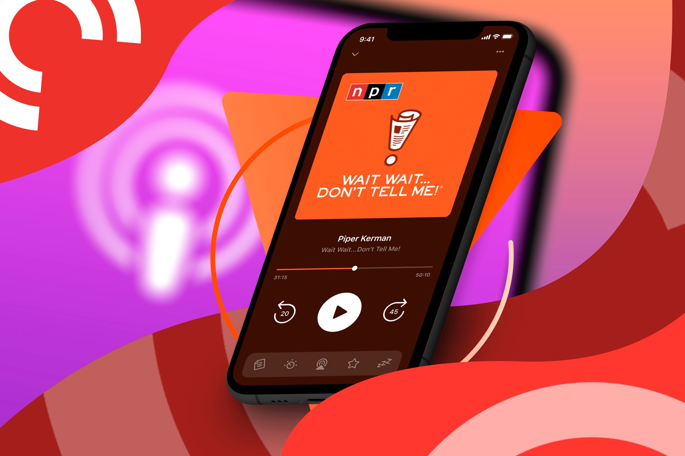 A phone playing a podcast with the Apple Podcasts logo blurred in the background.