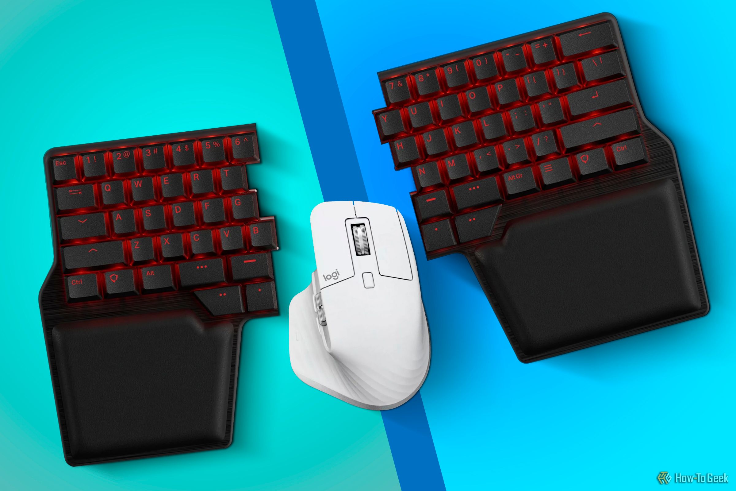 A split keyboard with the mouse in the middle.