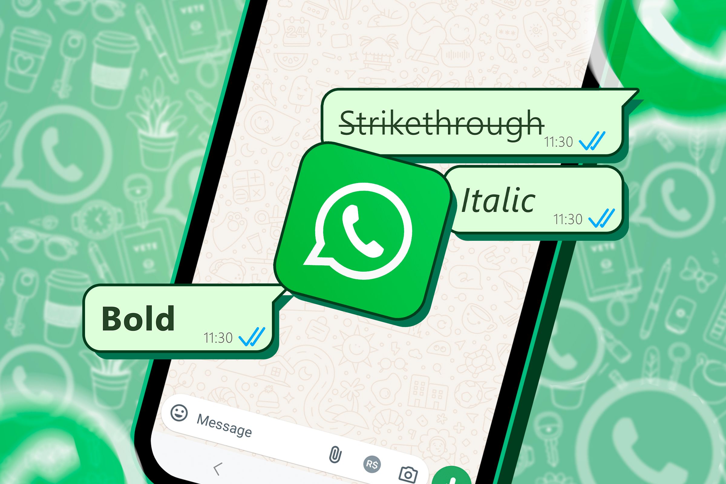 A WhatsApp conversation with the texts formatted in different styles.