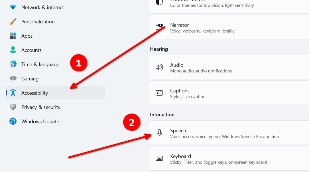 Accessbility settings on Windows being displayed