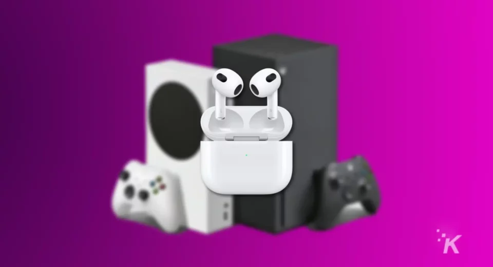 render of airpods 3 with case floating in front of two xbox consoles on a purple background