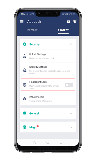 Enable the 'Fingerprint Lock' option