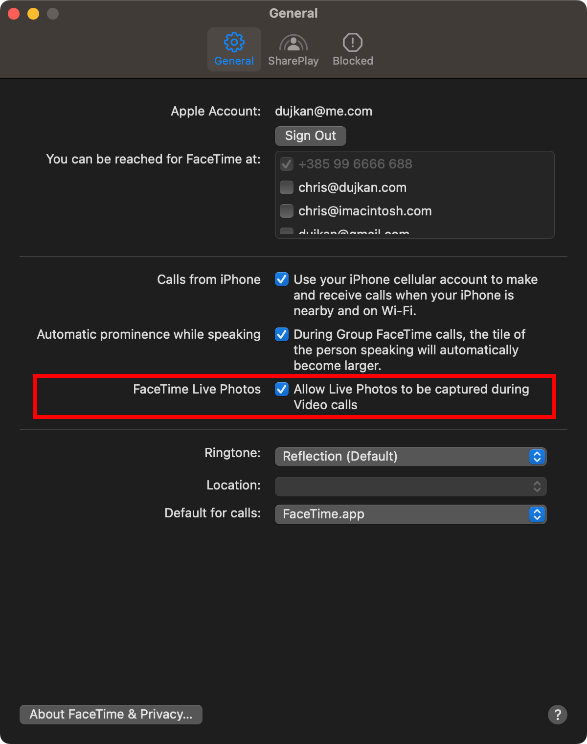Apple macOS Sequoia FaceTime App Settings General FaceTime Live Photos Enabled