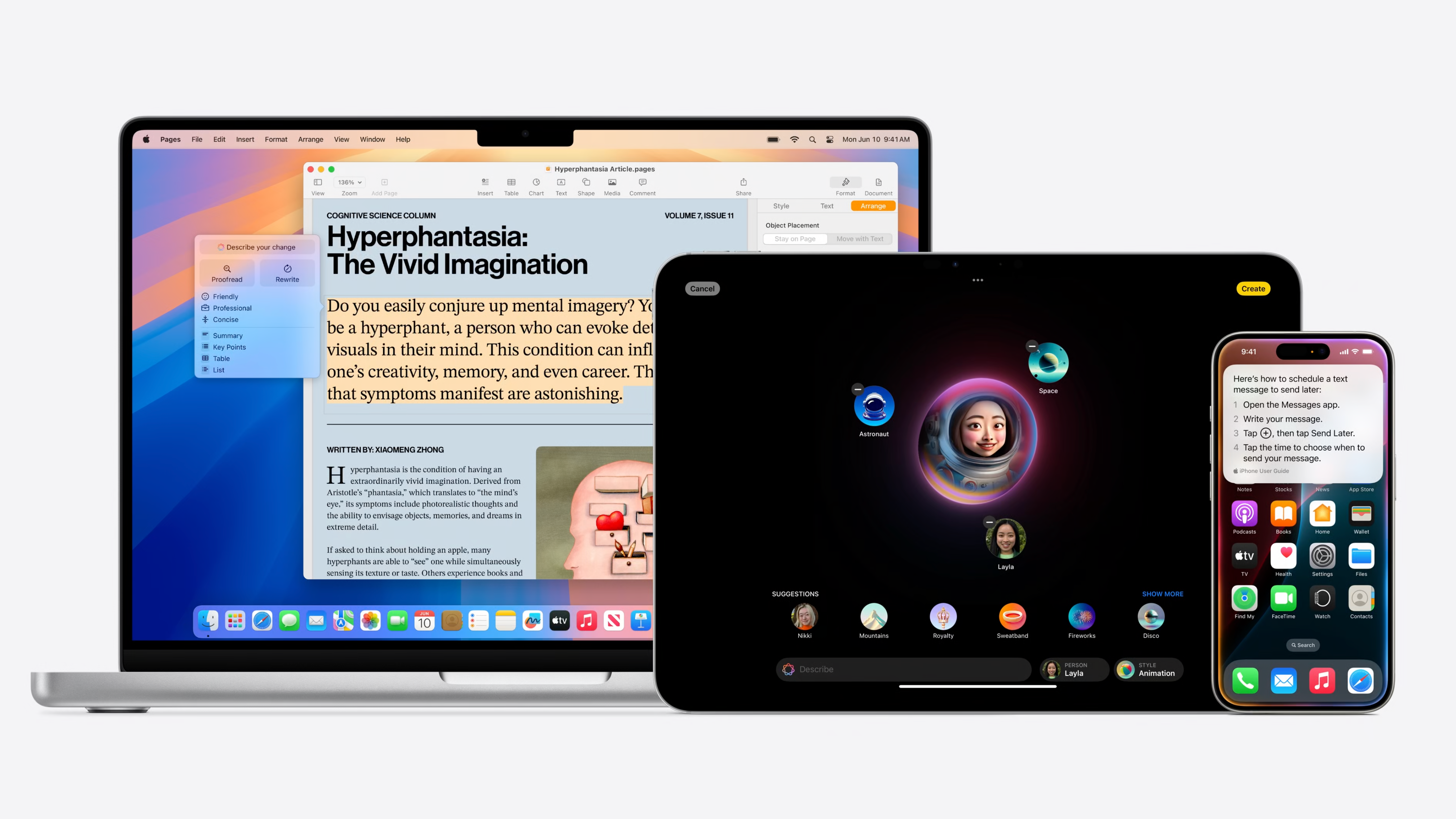 Apple Intelligence Writing Tools on a Mac alongside an iPad and iPhone.