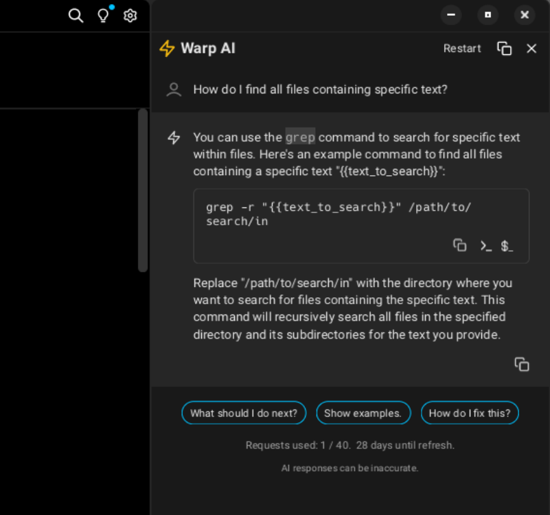 Asking Warp AI how to do a specific task