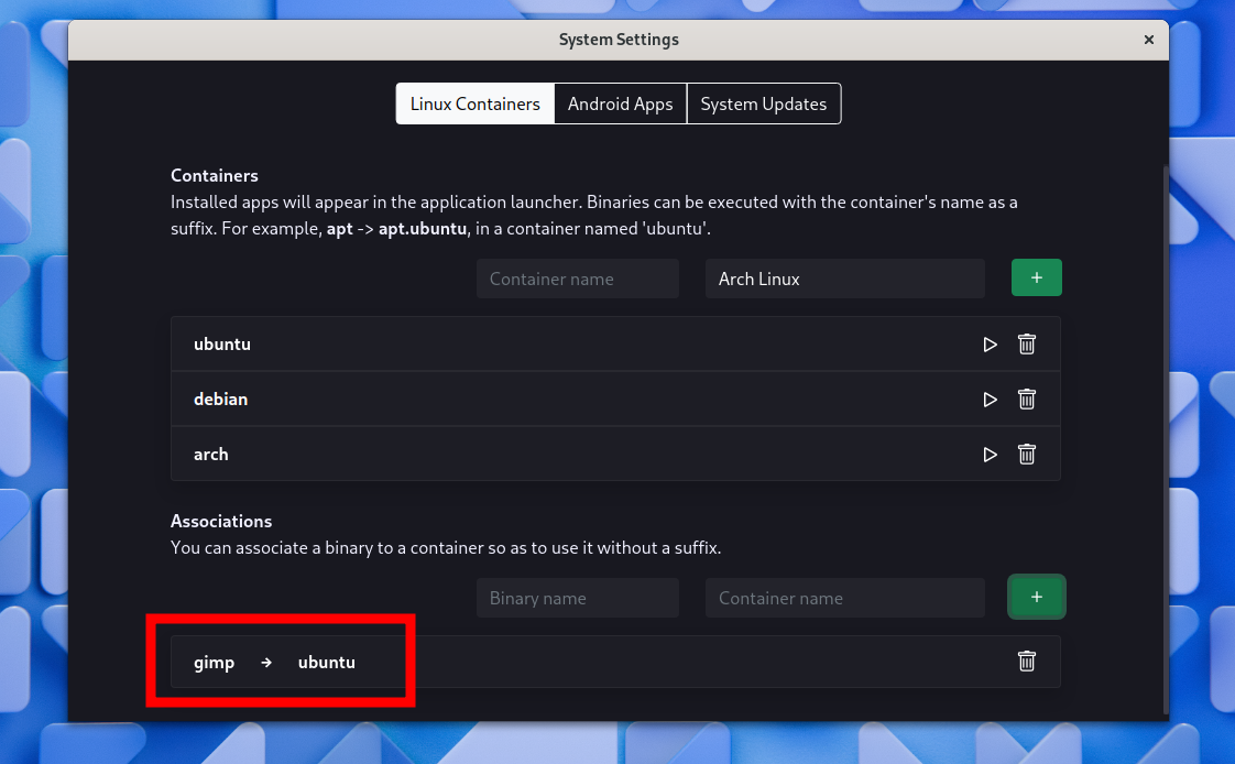 Associating GIMP with the Ubuntu container in blendOS