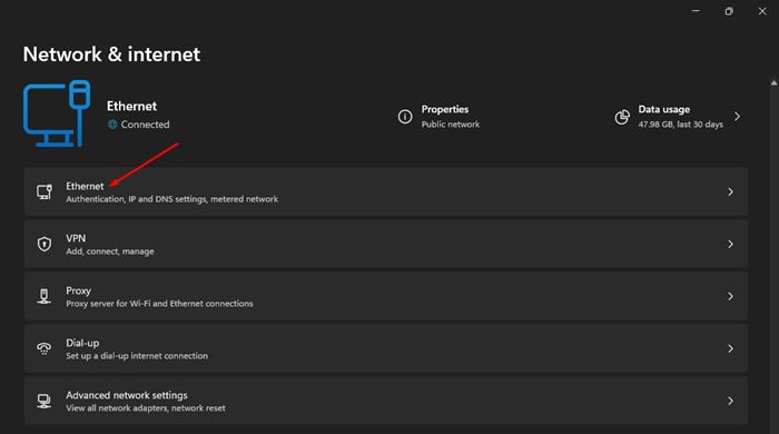 click on the Ethernet option