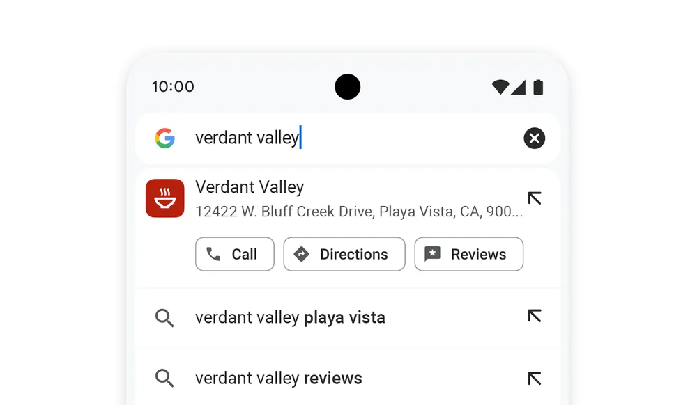 Search for 'verdan valley' in Chrome for Android, showing Call, Directions, and Reviews buttons in the first result.