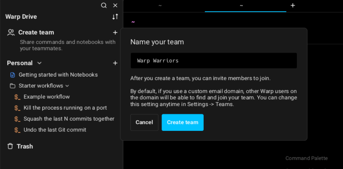 Creating a team on the Warp Terminal