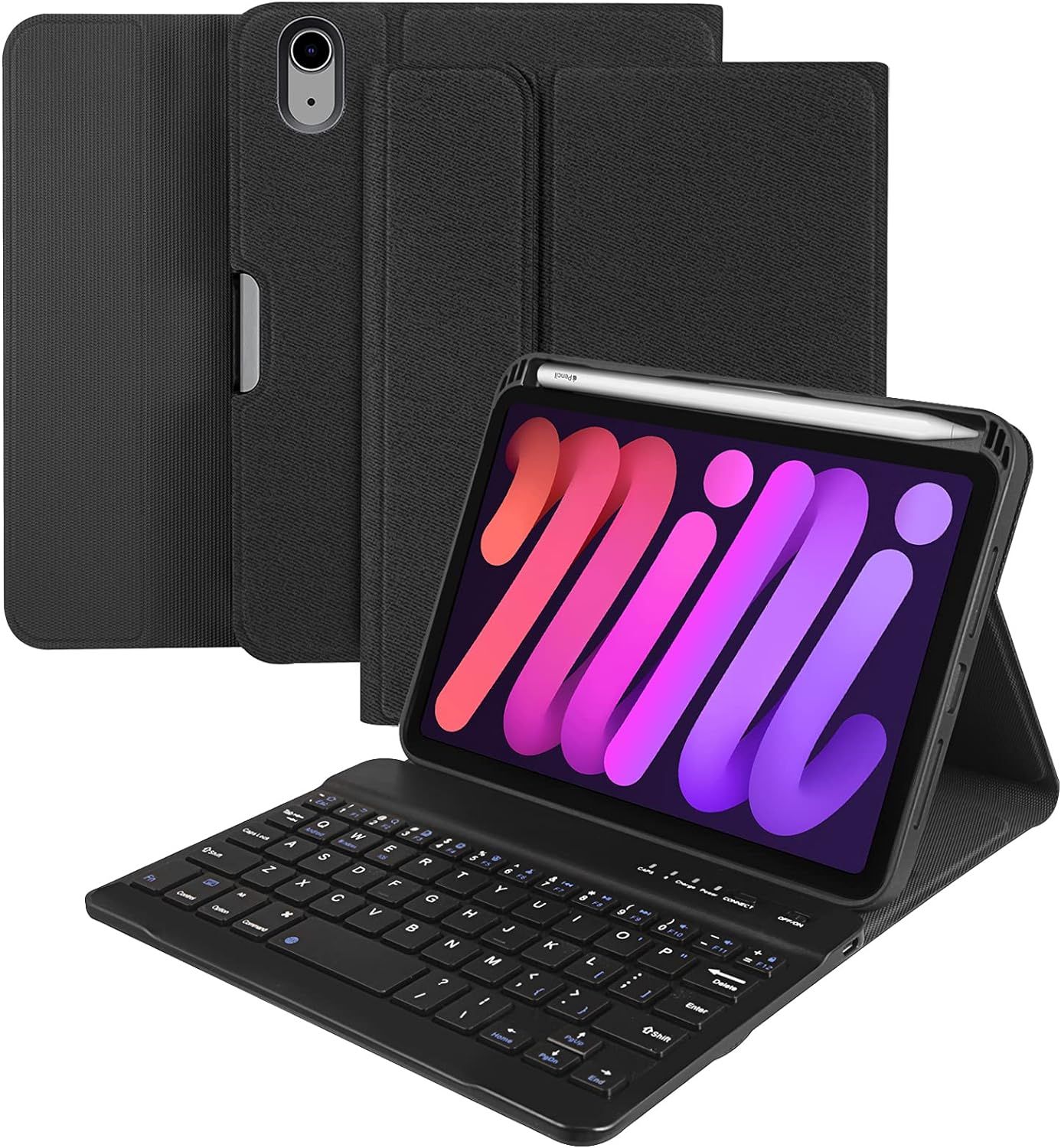 iPad mini 6 folio style case with iPad and Apple Pencil inside, shown both open and closed.