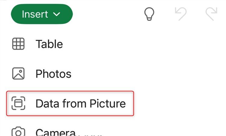 The Data From Picture option in the Excel app.