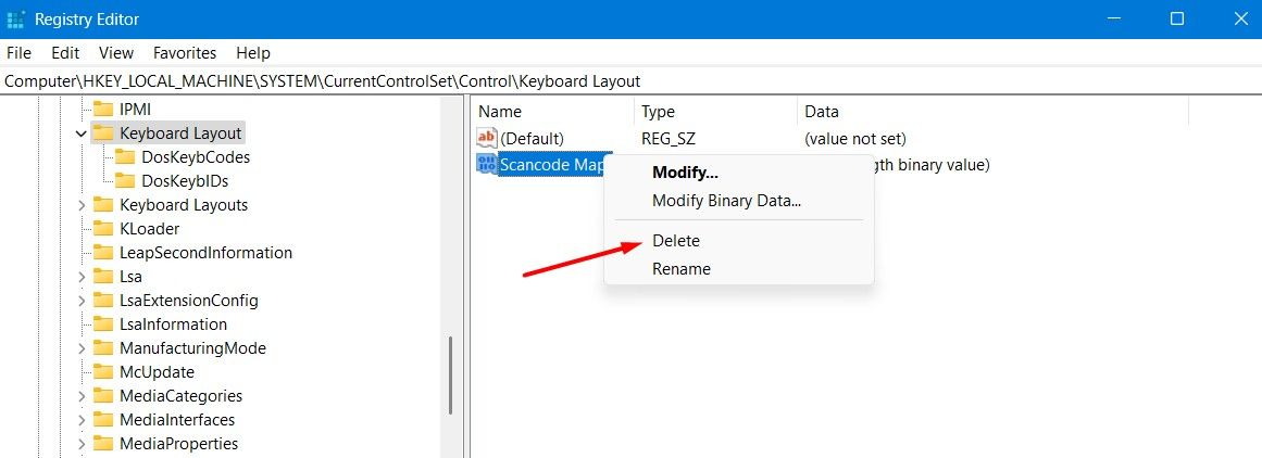 Delete option for Scancode Map binary value.