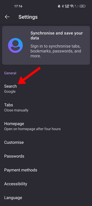 Settings > Search