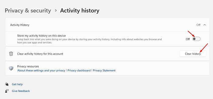 'Store my activity history on this device'