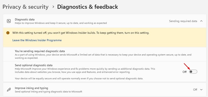 'Send optional diagnostic data'