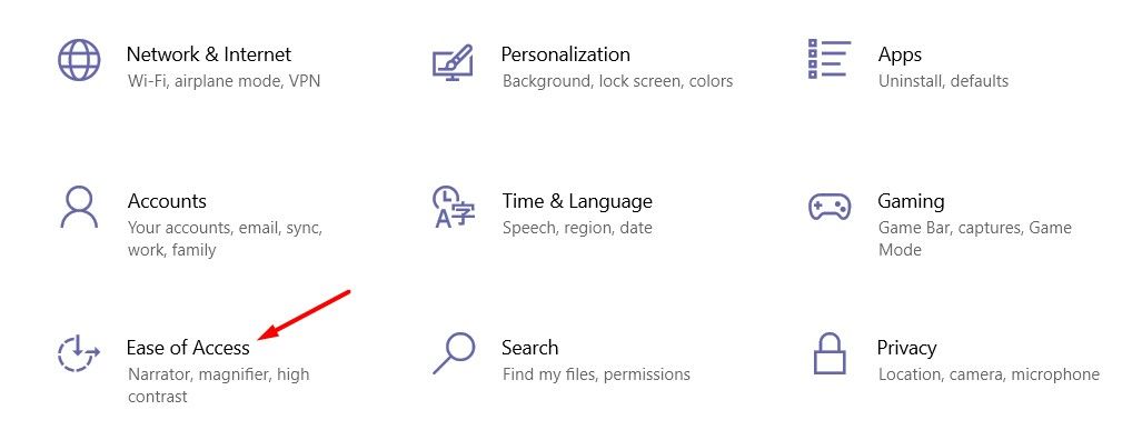 Ease of Access option in Windows 10.