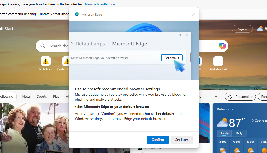 Popup asking the user to set Microsoft Edge as the default web browser.