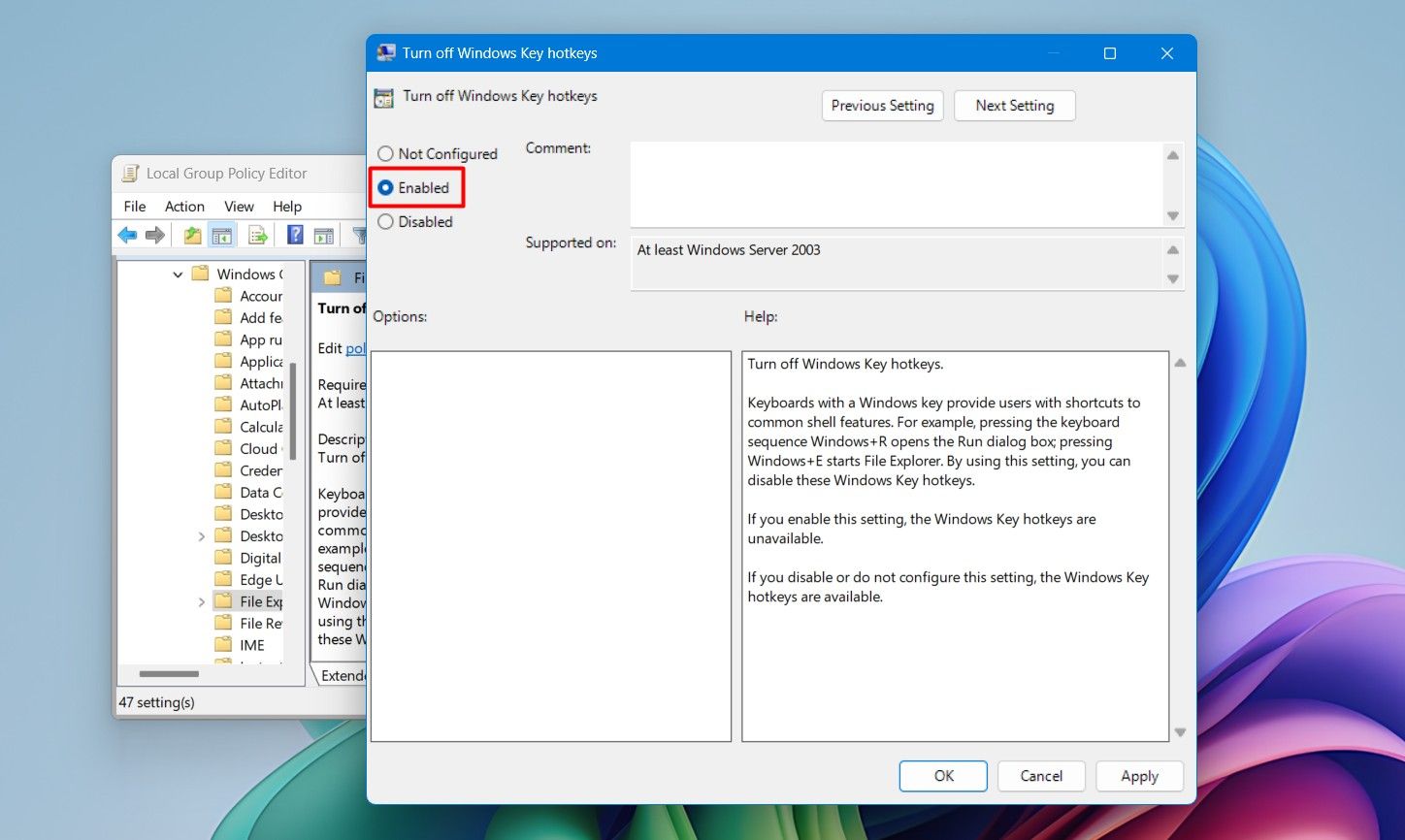 Enable option in the Local Group Policy Editor.