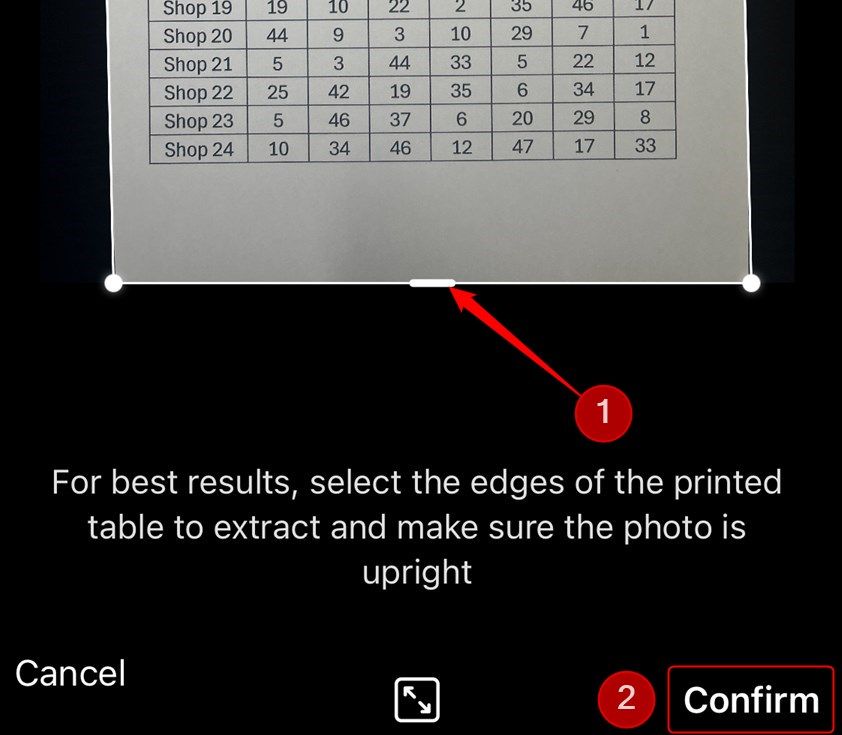 The Excel app confirming the picture positioning and cropping, and the Confirm option highlighted.