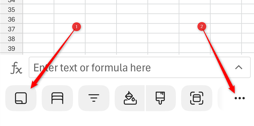 The Excel mobile app ribbon icon and the three dot menu are highlighted.