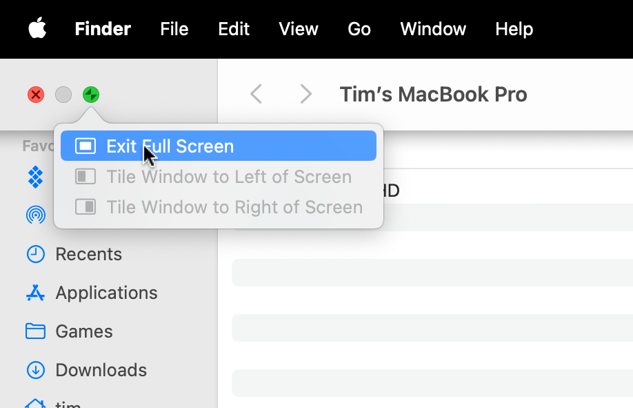 Exit Full Screen mode on macOS using the green dot.