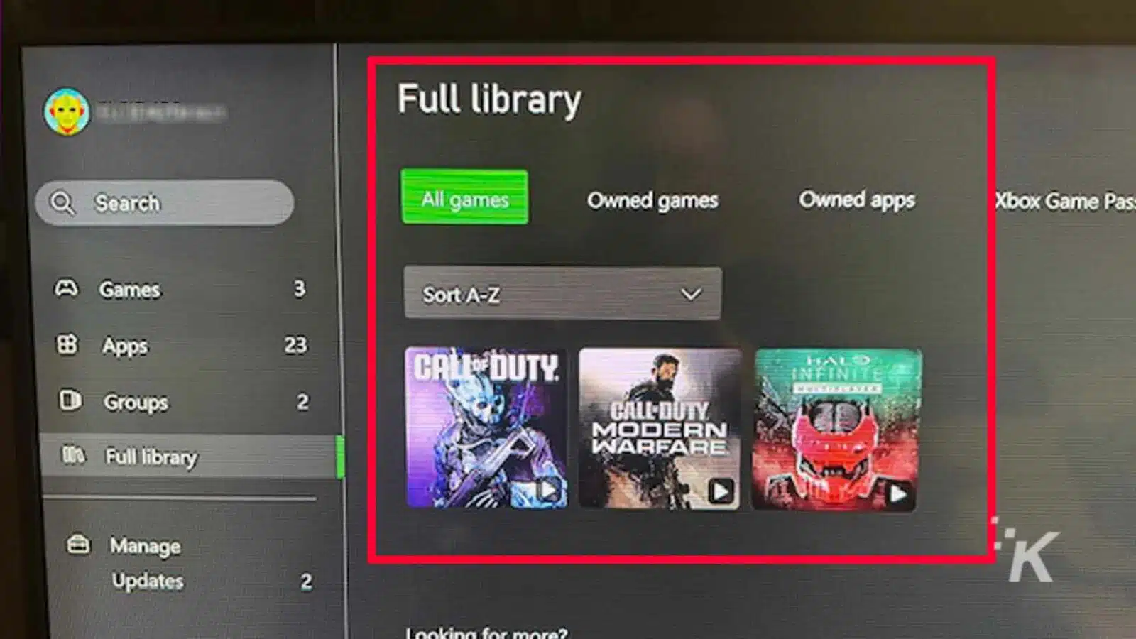 Xbox full library screen