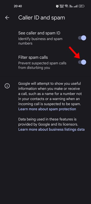 Filter spam calls