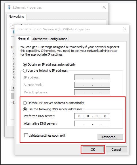 Use the following DNS Server Addresses