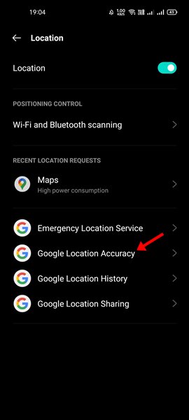 tap on the Google Location Accuracy