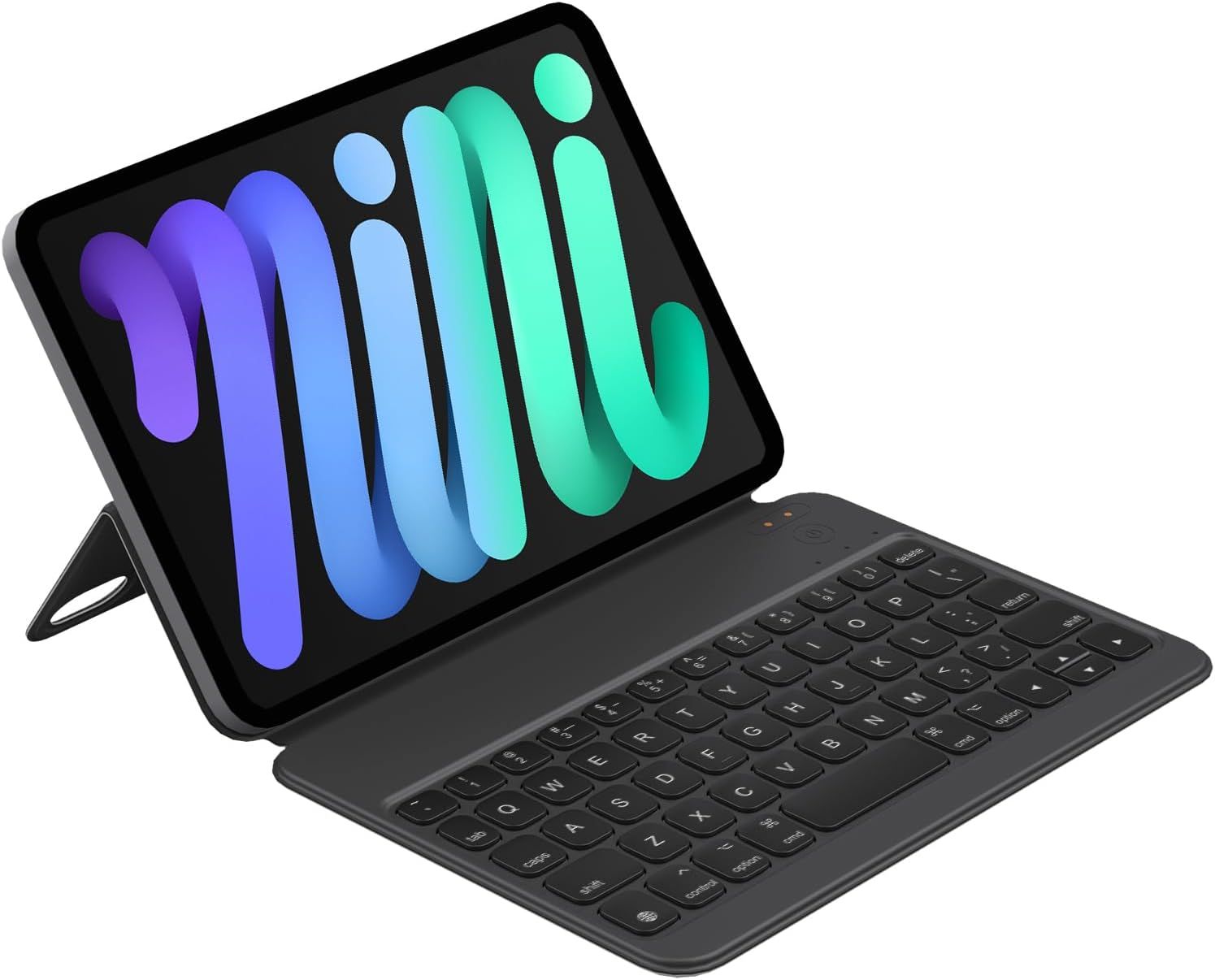 HOU Keyboard Case Product Image, showing iPad mini Keyboard case with stand in use.