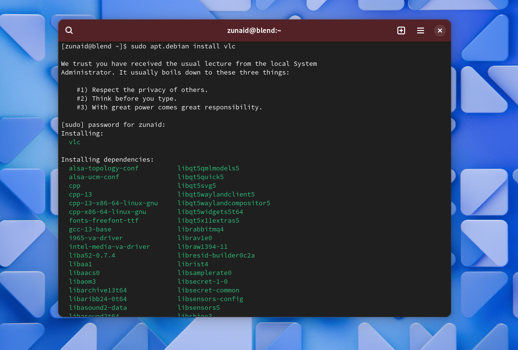 Installing VLC on blendOS via the Debian container