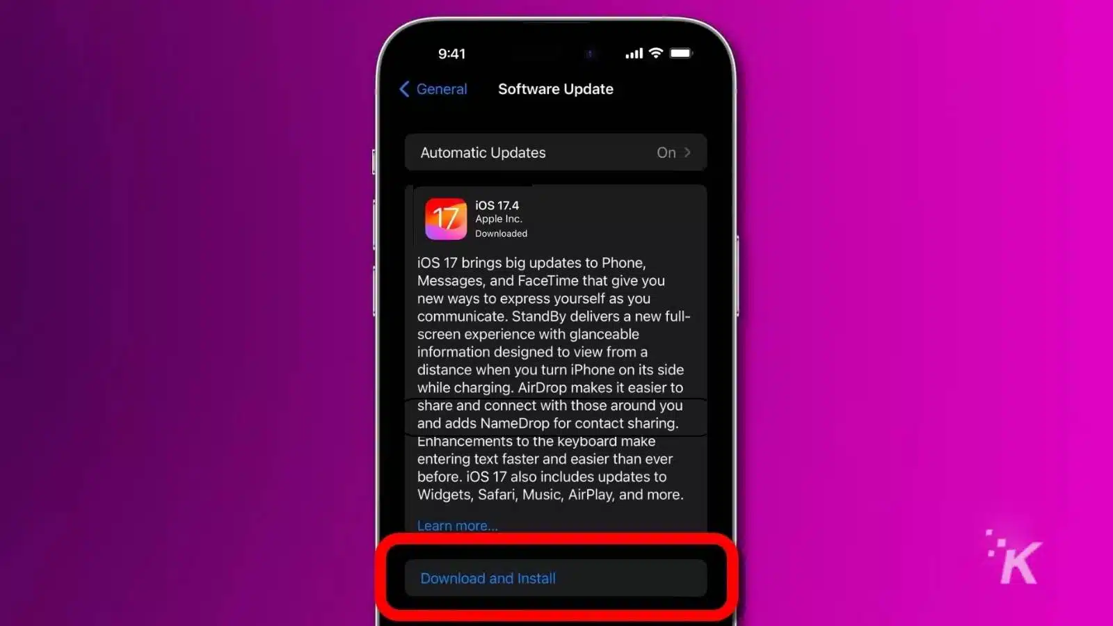 A smartphone displaying the iOS 17.4 software update screen with the option to 'Download and Install'. The update offers improvements to Phone, Messages, FaceTime, and other features. The phone is centered on a purple background.