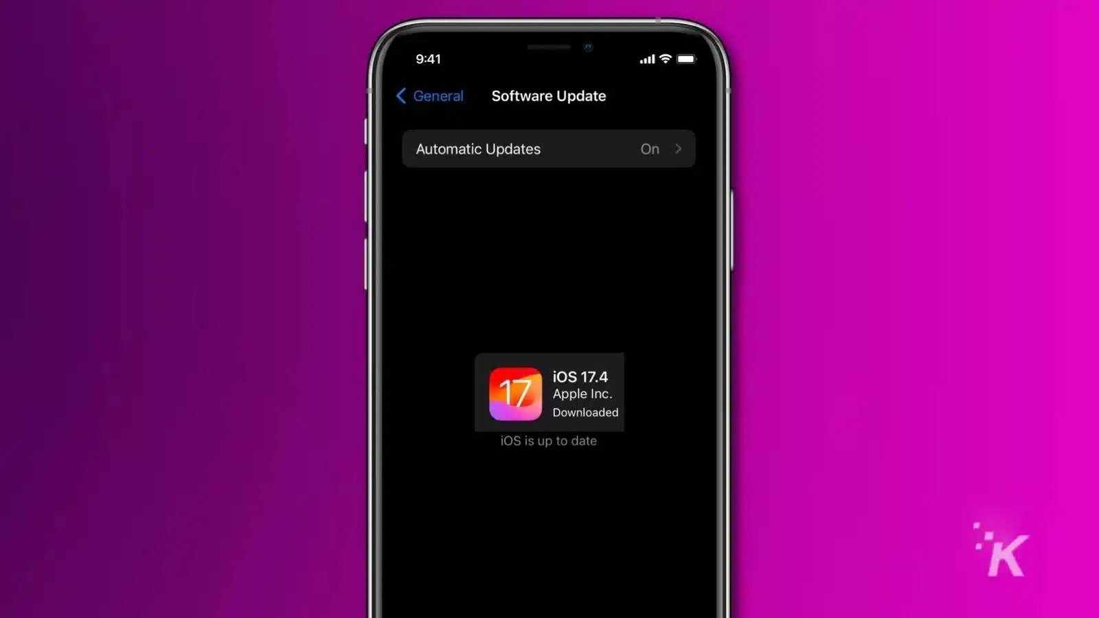 An iPhone displaying its Software Update settings screen with iOS 17.4 downloaded, and a message indicating that "iOS is up to date" on a purple background.