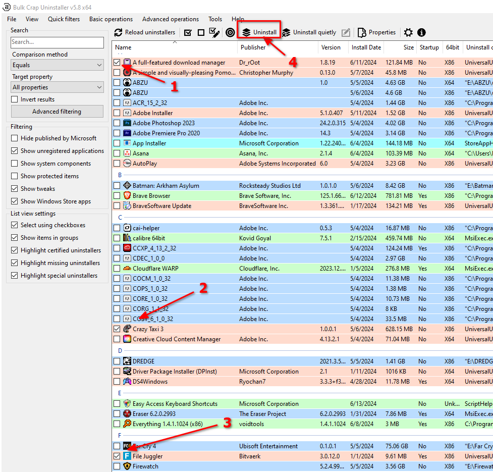 Running a batch uninstallation task in normal mode.