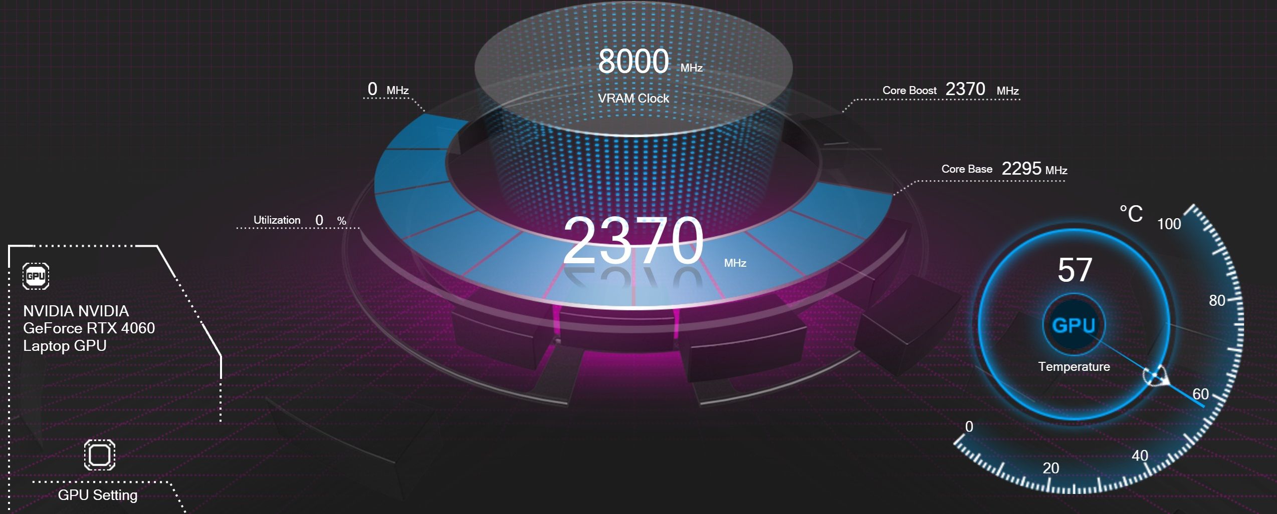 Laptop utility showing boost and base core clocks for GPU.