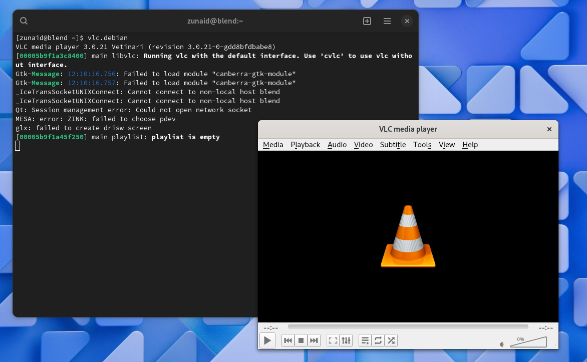 Launching VLC on blendOS via the Debian container