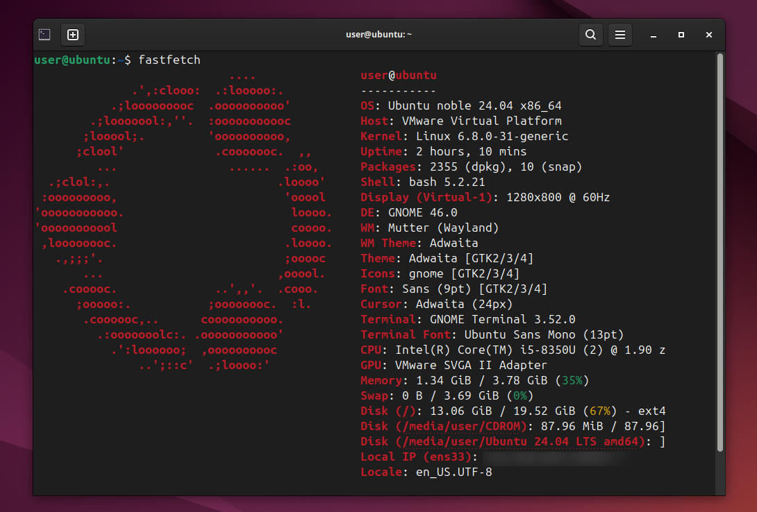 The terminal window displaying system information using fastfetch tool