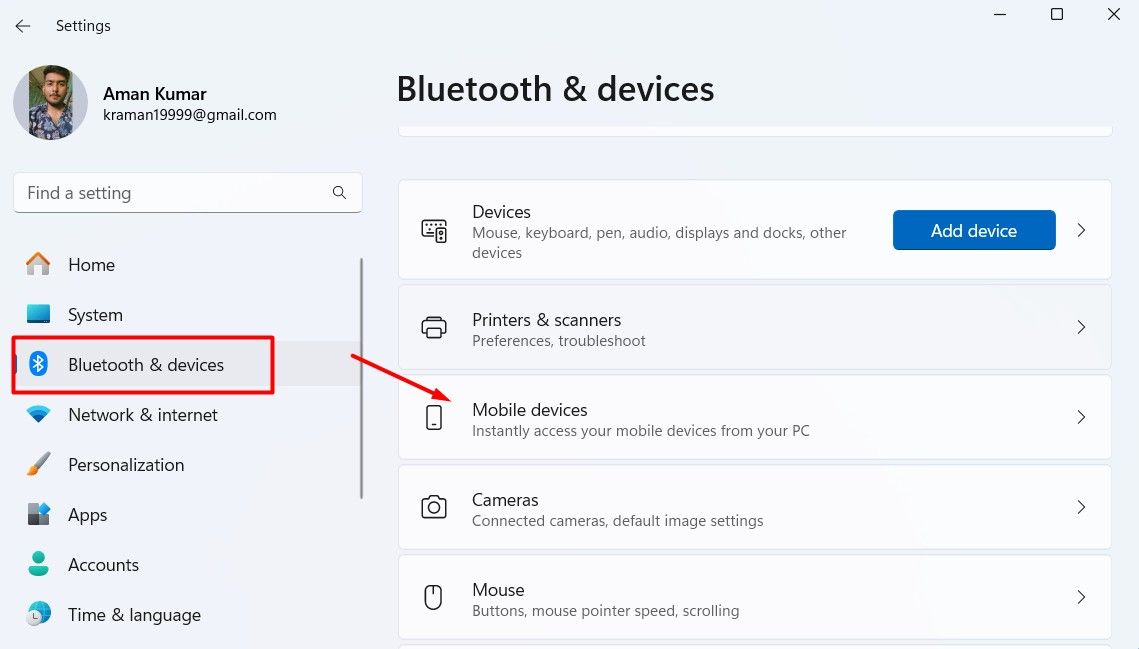 Mobile Devices option in the Settings app