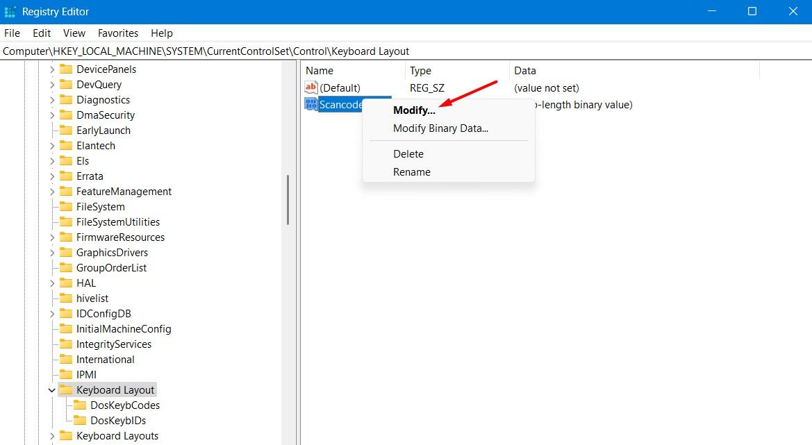 Modify option for the Scancode binary value.