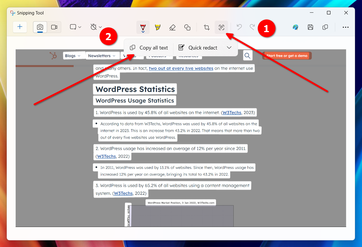 The OCR feature in Windows Snipping Tool being used to extract text from a screenshot