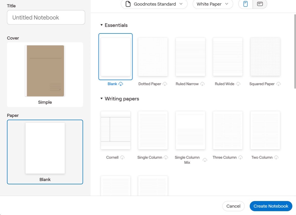 A variety of paper formats displayed in Goodnotes.