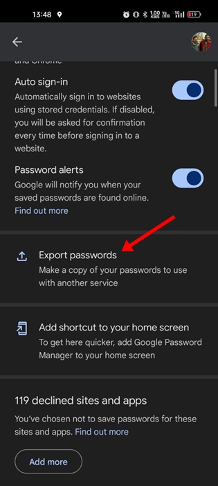 Export passwords