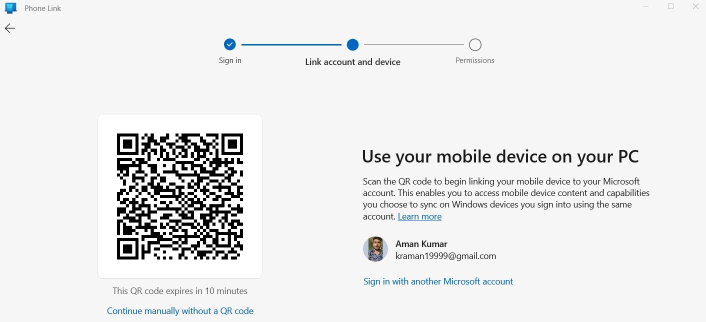 QR Code in the Phone Link app.