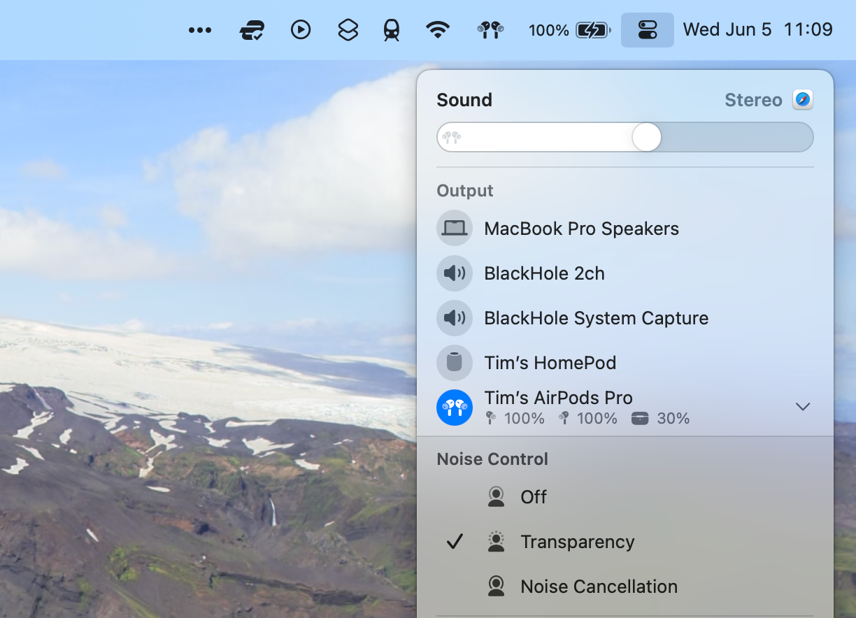 Select AirPods in macOS Control Center under the "Sound" settings.